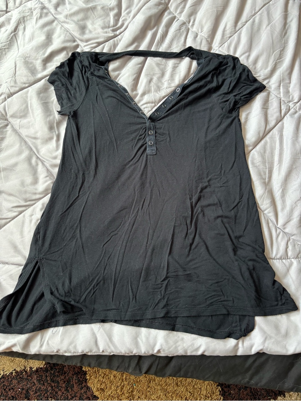 Black Short Sleeve Henley Top with Button Placket